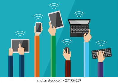 Illustration Of Hands Holding Hi Tech Devices. Vector Set Of Flat Hand Icons Holding Various Hi-tech Computer And Communication Devices. 