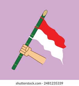  ilustración de manos sosteniendo la bandera de indonesia con palo de bambú puntiagudo. diseño de Vector plano. Eps 10.