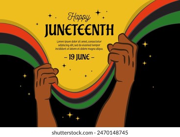 An illustration of hands holding juneteenth flag for juneteenth freedom celebration. Celebrated annually on June 19