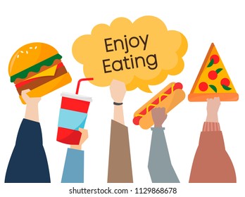 Illustration of hands holding junk food