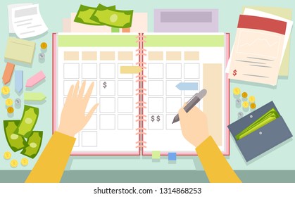 Illustration of Hands Holding Marker and Using a Bill Planner with Bills, Cash and Wallet on Desk