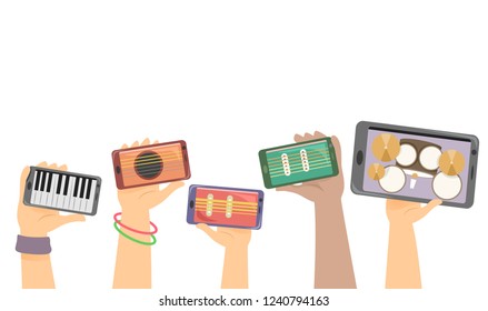 Illustration of Hands Holding Mobile Phones with Music Instruments for Jamming from Piano, Guitar, Bass and Drums