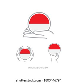 Illustration of hands holding the national flag in a circle. independence day. INDONESIA. 17th of AUGUST.
