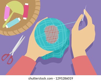 Illustration Of Hands Holding Needle And Thread Darning Or Sewing And Repairing A Hole