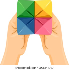 Illustration of Hands Holding a Paper Fortune Teller In Different Colors