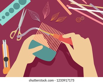 Illustration of Hands Holding Paper Quilling Comb and a Slotted Quilling Tool