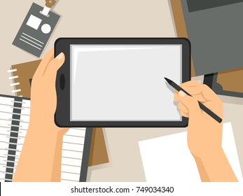 Illustration of Hands Holding Pen and Tablet Taking Notes at Work