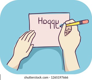 Illustration of Hands Holding Pencil and Paper Writing Letters in Reverse