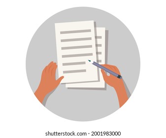Illustration of hands holding a pencil and writing text. Flat vector illustration
