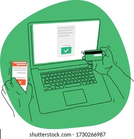 Illustration Of Hands Holding A Phone And A Credit Card Over A Laptop Computer And Accepting A Payment On The Internet After Shopping Online, There Is An Alert On The Phone Of A Scam Or Fraud Online