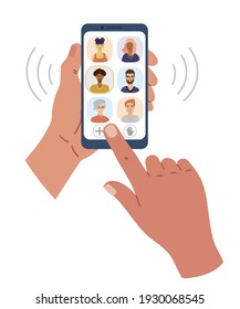 Illustration of hands holding a phone. On-screen interface of the clubhouse. The isolated image on a white background. Simple cute style.
