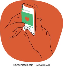 Illustration of hands holding a phone or a smartphone with the app visible on the screen, heart or like button on the image. Scrolling through feed. Cartoon style simple vector