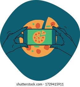 Ilustración de manos sosteniendo un teléfono o un smartphone con la aplicación de la cámara abierta y tomando una foto de la comida en un restaurante. Sencilla imagen plana vectorial de estilo cartográfico