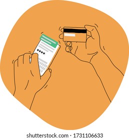 Illustration of hands holding a phone or a smartphone and a credit card confirming a payment online via the device, confirmation code visible on the screen. Cartoon style simple vector