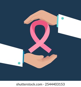 Ilustración de manos sosteniendo una cinta rosa, que representa la conciencia y la Asistencia del cáncer de mama. Concepto de salud y solidaridad en la prevención del cáncer.