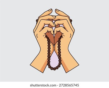 Ilustración de manos sosteniendo cuentas de oración en posición de oración