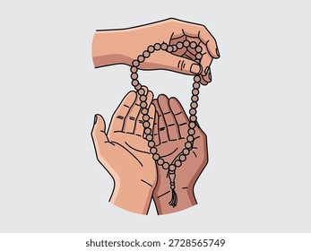 Ilustración de manos sosteniendo cuentas de oración con un diseño simple