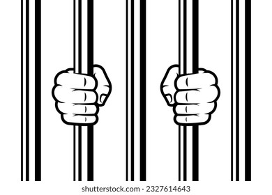 Illustration hands holding prison bars vector background.