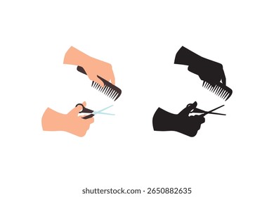 Illustration of hands holding scissors and comb for haircutting. Ideal for barbershop, grooming, and hairstyle content.