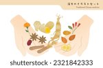 An Illustration of hands holding a set of Chinese traditional herbal medicine materials. The background is transparent.