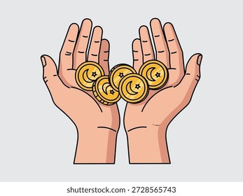 Illustration of hands holding several bitcoin coins