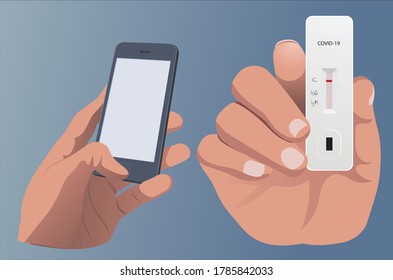 illustration of hands holding smart phone and COVID-19 Rapid Test- vector