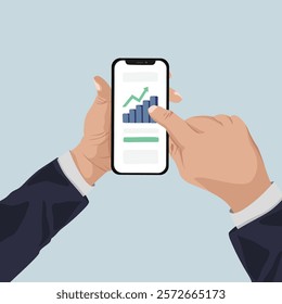 Illustration of hands holding a smartphone displaying a graph. Business app, data analysis, and growth chart on mobile screen. Digital finance concept. Aesthetic vector illustration.
