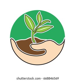 Illustration of hands holding sprout in green background