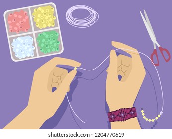 Illustration Of Hands Holding String And Inserting Beads For Bracelet Craft