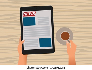 Illustration of Hands Holding a Tablet Reading the News with a Cup of Coffee on the table.