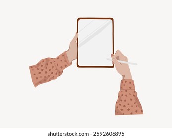 Illustration of hands holding a tablet and stylus. The hands, in patterned sleeves, interact with the tablet. Digital art, tablet, and stylus depicted. Vector illustration. - Powered by Shutterstock - Get 15% off with code: PIKWIZARD15