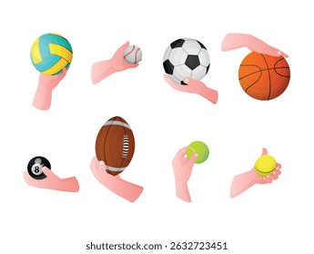 An illustration of hands holding various balls, highlighting sports such as tennis, basketball, football, baseball and more. Each ball represents a unique sport and activity.