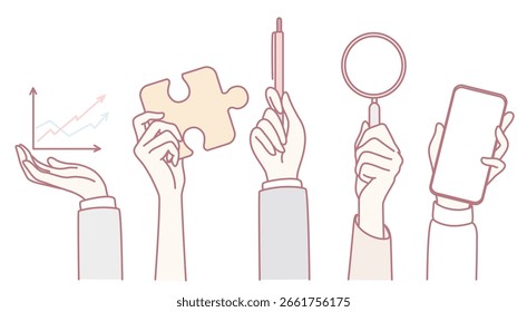 Una ilustración de las manos sosteniendo varias herramientas, simbolizando la creatividad y la resolución eficaz de problemas