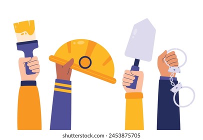 Ilustración de manos sosteniendo herramientas de trabajo Diseño de Vector