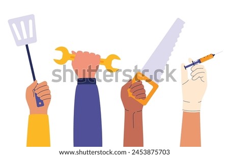 Illustration hands holding work tools vector design