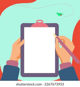Illustration with hands holdings paper and pencil writing text. Brand nes infromation. Empty Space for important information. Notes contain main message, agenda.