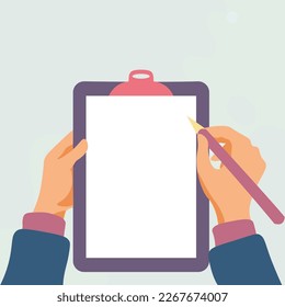 Illustration with hands holdings paper and pencil writing text. Brand nes infromation. Empty Space for important information. Notes contain main message, agenda.