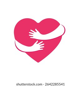  Illustration of hands hugging a heart isolated on white background. Symbol of care or love in a flat style decorative