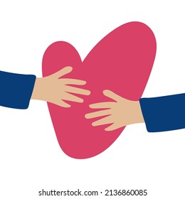 Illustration with hands hugging heart on white background. Romantic feelings, Valentine day, social aid element for design.
