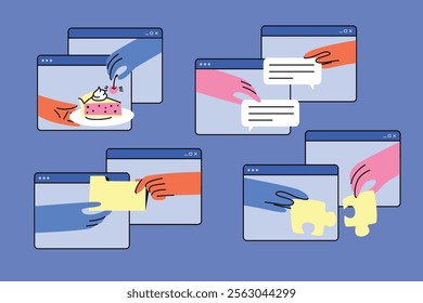 Illustration of hands interacting through web windows, exchanging files, puzzle pieces, cake, and chat messages. Depicts teamwork, communication, and remote collaboration. Flat minimalist vector style