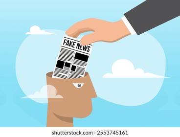 An illustration of Hands of journalist and politician put in head newspaper with fake news. Brain consuming fake news in newspaper and social media with propaganda or hoax