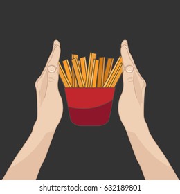 Illustration with hands keeping fast food. Fries in packaging on dark background