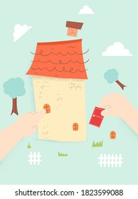 Illustration of Hands of a Kid Assembling a House, Placing a Window and Holding a Door to Place