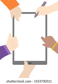 Illustration of Hands of Kids Holding and Pointing to the Tablet Computer Blank Frame with One Kid Holding a Pen