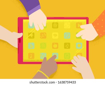 Illustration of Hands of Kids Using Apps on Mobile or Tablet Computer
