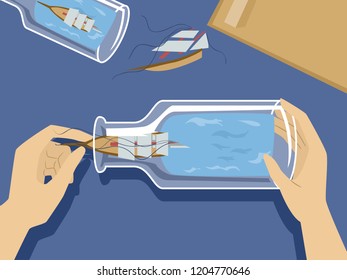 Illustration Of Hands Making A Boat In Bottle Art Craft