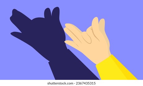 Illustration of hands making a dog's shadow on a blue background