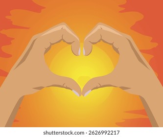 Illustration of hands making a heart symbol. Hands showing a heart sign at sunset. EPS 10.