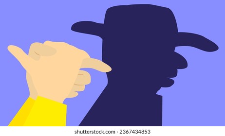 Illustration of hands making a shadow of a man with a hat on a blue background