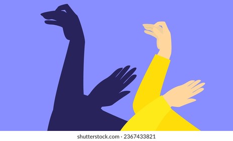 Illustration of hands making a swan's shadow on a blue background